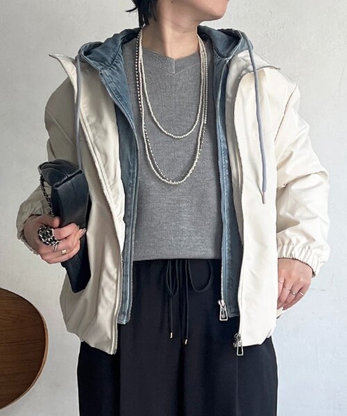 un dix cors(アンディコール)の「デニムパーカーレイヤード風ブルゾン(ブルゾン・レディース・アイボリー/ブラック・FREE)」の15枚目の写真