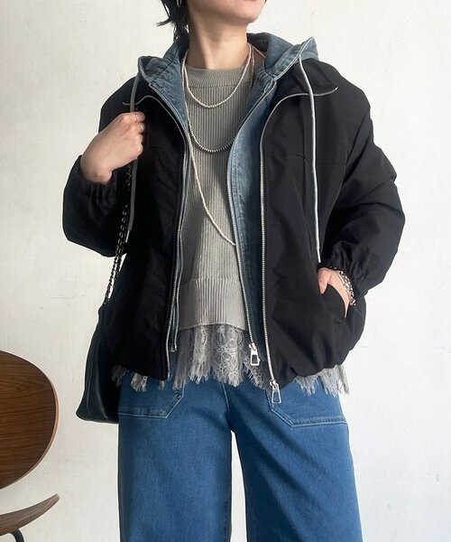 un dix cors(アンディコール)の「デニムパーカーレイヤード風ブルゾン(ブルゾン・レディース・アイボリー/ブラック・FREE)」の12枚目の写真