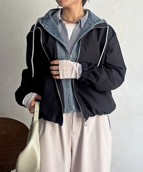 un dix cors(アンディコール)の「デニムパーカーレイヤード風ブルゾン(ブルゾン・レディース・アイボリー/ブラック・FREE)」の3枚目の写真