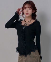 Diable baiser（ディアブルベーゼ）の「レースフリルフレア袖リブ長袖薄手ニットトップス（ニット/セーター）」