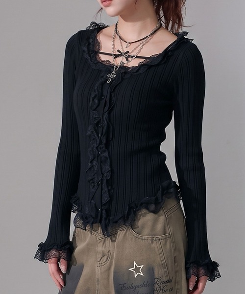 Diable baiser(ディアブルベーゼ)の「レースフリルフレア袖リブ長袖薄手ニットトップス(ニット/セーター・レディース・ブラック/グレー/ボルドー・FREE)」の1枚目の写真