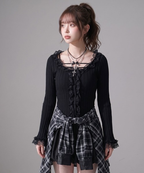 Diable baiser(ディアブルベーゼ)の「レースフリルフレア袖リブ長袖薄手ニットトップス(ニット/セーター・レディース・ブラック/グレー/ボルドー・FREE)」の7枚目の写真