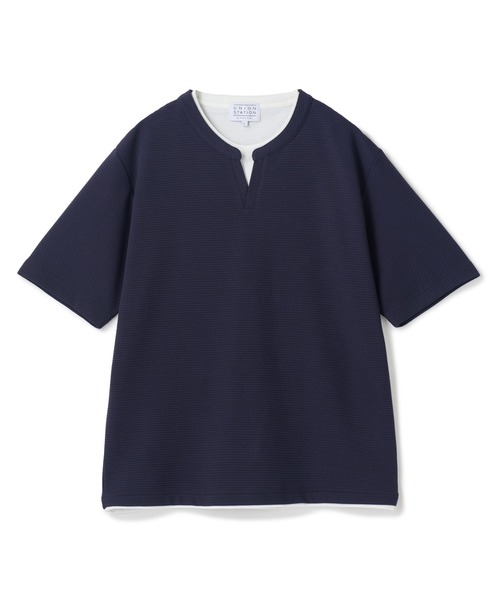 UNION STATION（ユニオンステーション）の「ミニワッフルキーネックレイヤードTシャツ（Tシャツ/カットソー・メンズ・チャコールグレー/ネイビー/ブルー/グレー/カーキ・L/M/LL）」の4枚目の写真