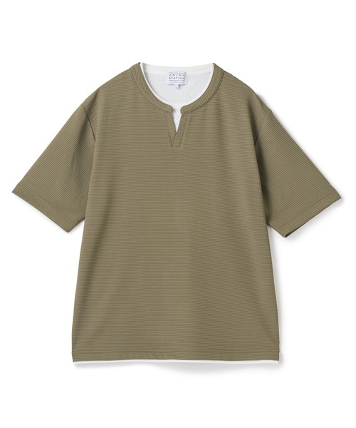 UNION STATION（ユニオンステーション）の「ミニワッフルキーネックレイヤードTシャツ（Tシャツ/カットソー・メンズ・チャコールグレー/ネイビー/ブルー/グレー/カーキ・L/M/LL）」の3枚目の写真