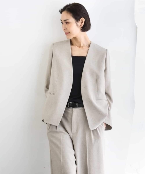 MICHEL KLEIN（ミッシェル・クラン）の「[セットアップ対応]ツイードライク ノーカラージャケット（ノーカラージャケット・レディース・ネイビー/サンドベージュ・38）」の4枚目の写真