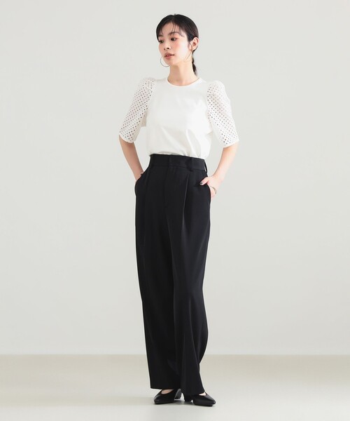 Demi-Luxe BEAMS（デミルクス ビームス）の「刺繍レース スリーブ Tシャツ（Tシャツ/カットソー・レディース・ホワイト/ネイビー・ONE SIZE）」の4枚目の写真