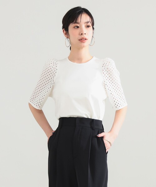 Demi-Luxe BEAMS（デミルクス ビームス）の「刺繍レース スリーブ Tシャツ（Tシャツ/カットソー・レディース・ホワイト/ネイビー・ONE SIZE）」の6枚目の写真