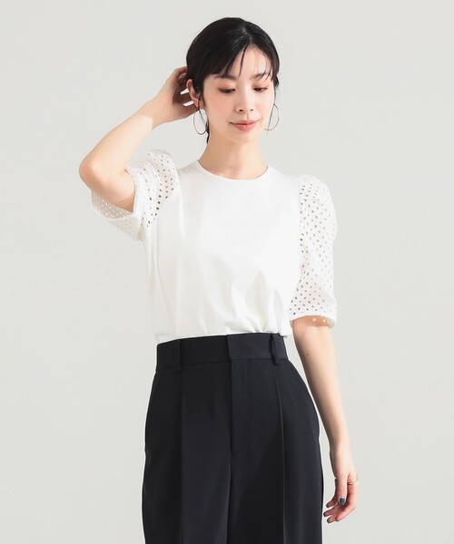 Demi-Luxe BEAMS（デミルクス ビームス）の「刺繍レース スリーブ Tシャツ（Tシャツ/カットソー・レディース・ホワイト/ネイビー・ONE SIZE）」の7枚目の写真