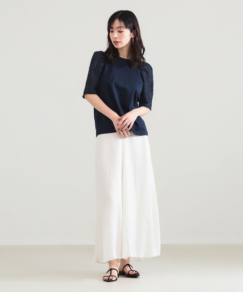 Demi-Luxe BEAMS（デミルクス ビームス）の「刺繍レース スリーブ Tシャツ（Tシャツ/カットソー・レディース・ホワイト/ネイビー・ONE SIZE）」の9枚目の写真