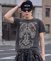 短丈グラフィック半袖Tシャツ/スケルトンプリント