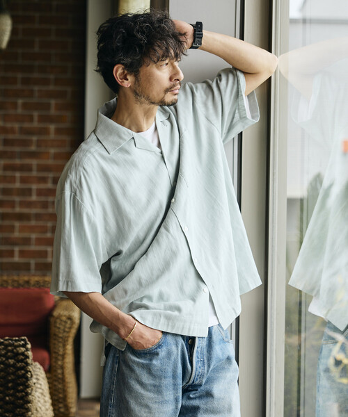 Firsthand(ファーストハンド)の「Firsthand/ファーストハンド ジャカード調 リラックスフィット オープンカラーシャツ ショートスリーブ / セミシアー / ドビー織(シャツ/ブラウス・メンズ・ブラック/ライトグリーン/ホワイト・LARGE/MEDIUM)」の5枚目の写真