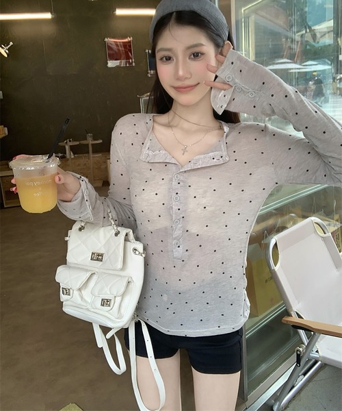 LAFFMO(ラフモ)の「ヘンリーネックドット柄シアーカットソー(Tシャツ/カットソー・レディース・グレー/ベージュ・F)」の6枚目の写真