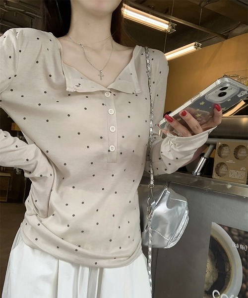 LAFFMO(ラフモ)の「ヘンリーネックドット柄シアーカットソー(Tシャツ/カットソー・レディース・グレー/ベージュ・F)」の15枚目の写真