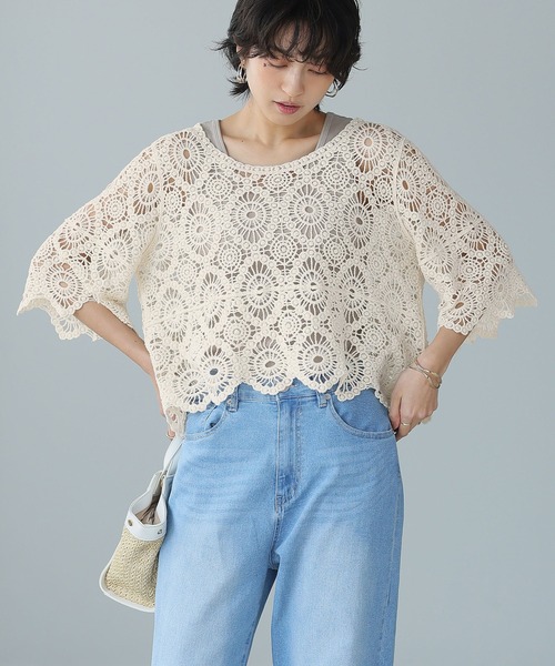 コットンレース100％かぎ針編みレースプルオーバー（Tシャツ