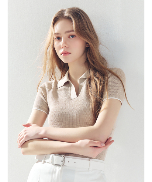 LORDLOAR(ロードロアル)の「スカシ配色カラー ニット BEIGE(ニット/セーター・レディース・その他・SMALL/MEDIUM/LARGE)」の1枚目の写真