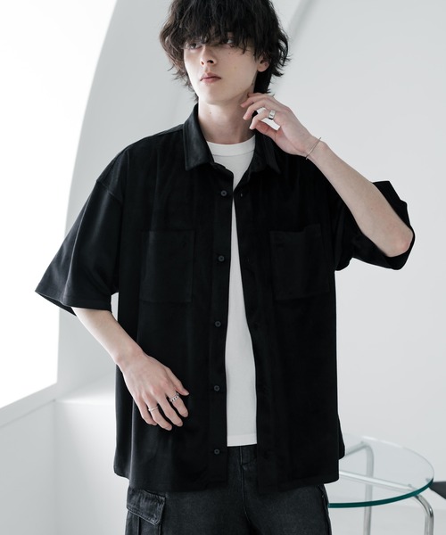 Rocky Monroe(ロッキーモンロー)の「オーバーサイズフェイクスエードダブルポケット半袖シャツ(シャツ/ブラウス・メンズ・ベージュ/チャコール/ブルー/オフホワイト/ブラック・M/L/XL)」の12枚目の写真