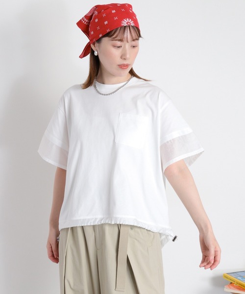 cepo(セポ)の「布帛切り替えシアーショートスリーブドロストTee(Tシャツ/カットソー・レディース・ベージュ/オフホワイト/ブラック・M)」の2枚目の写真