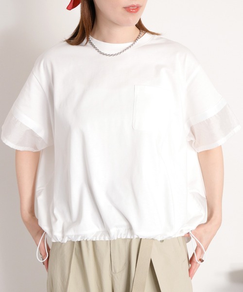 cepo(セポ)の「布帛切り替えシアーショートスリーブドロストTee(Tシャツ/カットソー・レディース・ベージュ/オフホワイト/ブラック・M)」の15枚目の写真