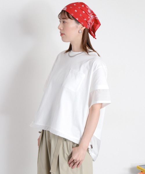 cepo(セポ)の「布帛切り替えシアーショートスリーブドロストTee(Tシャツ/カットソー・レディース・ベージュ/オフホワイト/ブラック・M)」の11枚目の写真