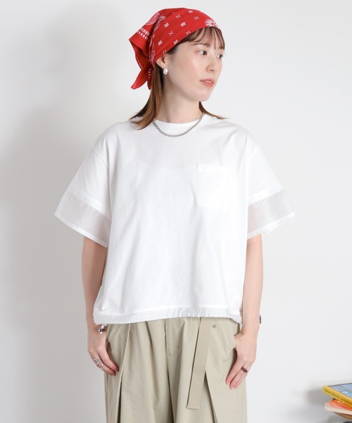 cepo(セポ)の「布帛切り替えシアーショートスリーブドロストTee(Tシャツ/カットソー・レディース・ベージュ/オフホワイト/ブラック・M)」の14枚目の写真