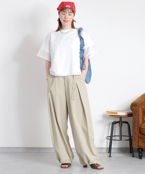 cepo(セポ)の「布帛切り替えシアーショートスリーブドロストTee(Tシャツ/カットソー・レディース・ベージュ/オフホワイト/ブラック・M)」の4枚目の写真