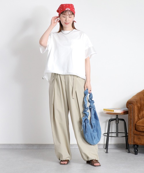 cepo(セポ)の「布帛切り替えシアーショートスリーブドロストTee(Tシャツ/カットソー・レディース・ベージュ/オフホワイト/ブラック・M)」の8枚目の写真