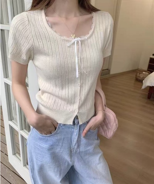 Emilie(エミリー)の「フロントリボンレース半袖カーディガン(カーディガン/ボレロ・レディース・ブルー/ブラック/オフホワイト・FREE)」の9枚目の写真