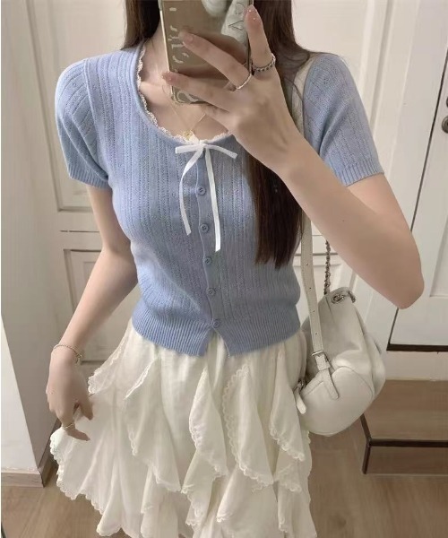 Emilie(エミリー)の「フロントリボンレース半袖カーディガン(カーディガン/ボレロ・レディース・ブルー/ブラック/オフホワイト・FREE)」の5枚目の写真