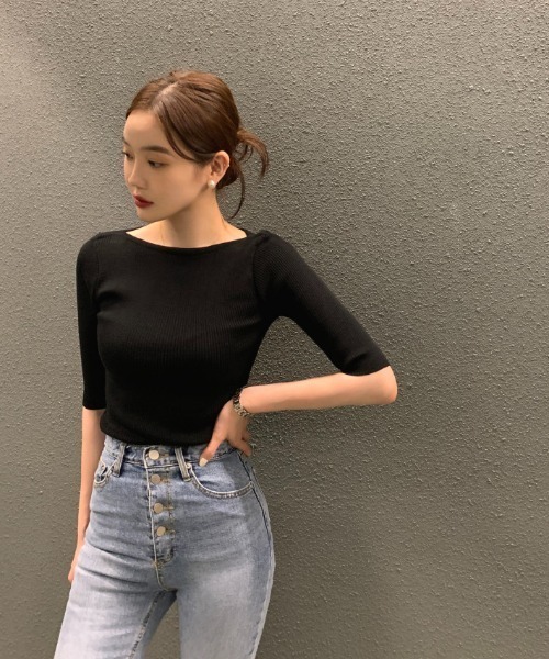 Aelina(エリナ)の「タイト薄手セータートップス(Tシャツ/カットソー・レディース・ブラック系その他/ブラック/ホワイト・FREE)」の22枚目の写真