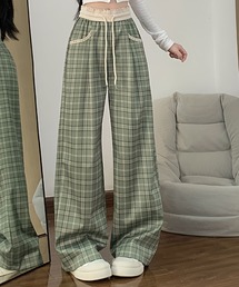 チェック柄ワイドパンツ レディース ドロスト ウエストゴム ルーズシルエット
