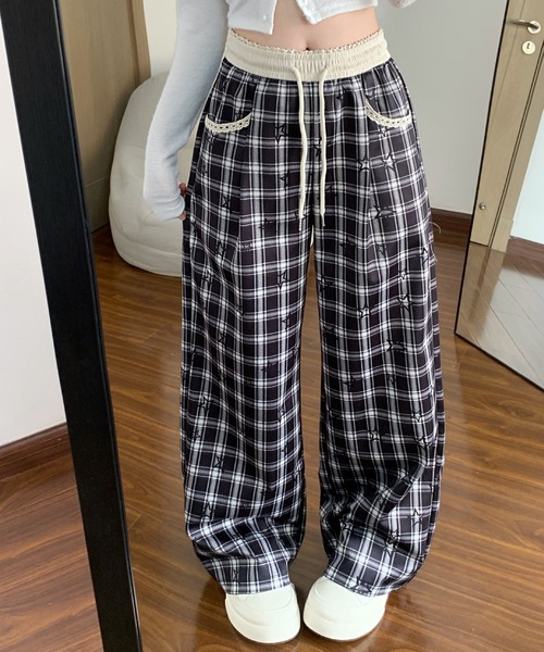 2ly2(トゥーリートゥー)の「チェック柄ワイドパンツ レディース ドロスト ウエストゴム ルーズシルエット(その他パンツ・レディース・ブラック/グリーン・FREE)」の9枚目の写真
