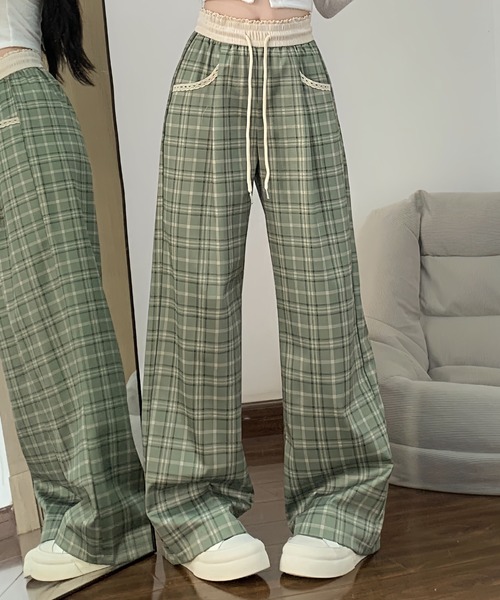 2ly2(トゥーリートゥー)の「チェック柄ワイドパンツ レディース ドロスト ウエストゴム ルーズシルエット(その他パンツ・レディース・ブラック/グリーン・FREE)」の13枚目の写真