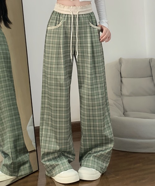 2ly2(トゥーリートゥー)の「チェック柄ワイドパンツ レディース ドロスト ウエストゴム ルーズシルエット(その他パンツ・レディース・ブラック/グリーン・FREE)」の15枚目の写真