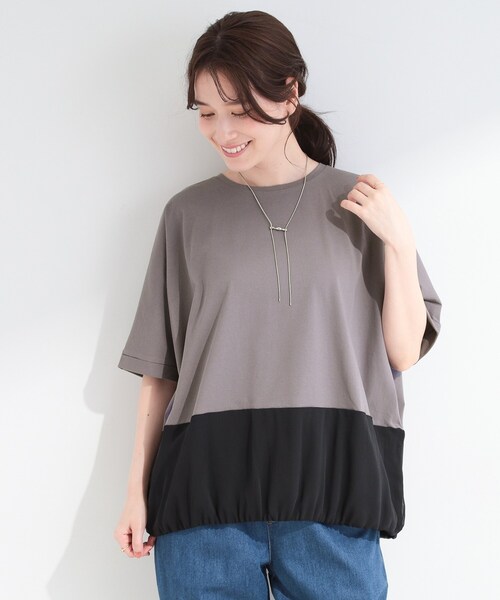 SHOO・LA・RUE(シューラルー)の「【洗濯機可/体型カバー】インせず着られる 裾配色 ゆったりバルーントップス(Tシャツ/カットソー・レディース・ネイビー系6/ブラック/グレー/ベージュ・00)」の5枚目の写真