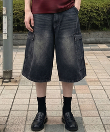 ピンタックカーゴバミューダデニムパンツ(ブラック)