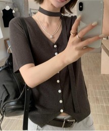 チョーカー付きリブVネックカーディガン