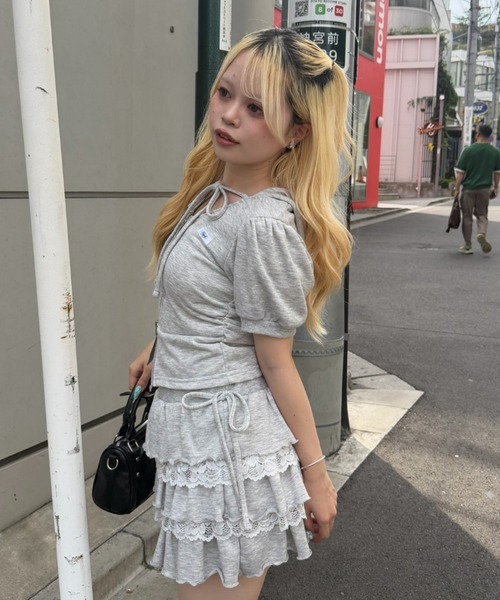 continuer de NICE CLAUP(コンティニューデナイスクラップ)の「デザインショートPKSETUP(アンサンブル・レディース・トップグレー/ピンク/ブラック・FREE)」の8枚目の写真
