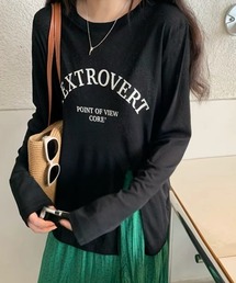 【秋冬新作】3色展開ロゴプリントサイドボタンギャザーロングTシャツ