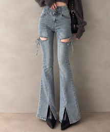 サイドカットアウトリボンデニムパンツ