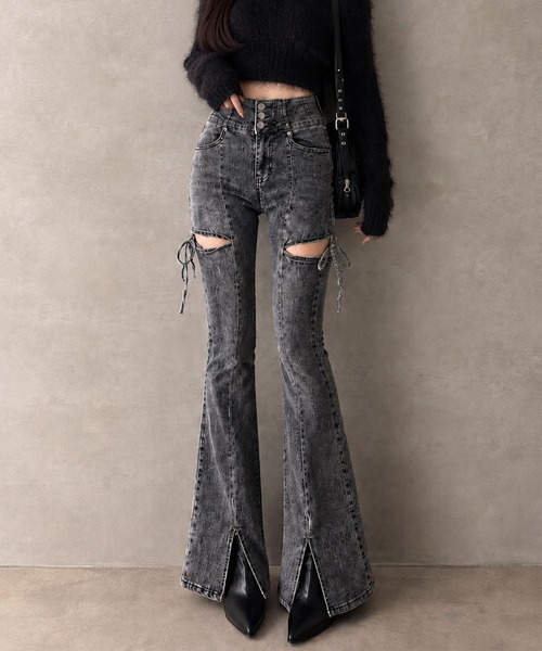 GLAMOROUS JANE(グラマラスジェーン)の「サイドカットアウトリボンデニムパンツ(デニムパンツ・レディース・チャコールグレー/ブルー・S/M/L)」の11枚目の写真