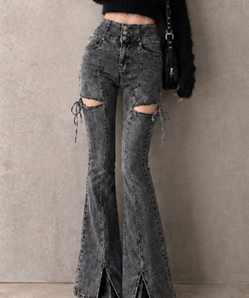 GLAMOROUS JANE(グラマラスジェーン)の「サイドカットアウトリボンデニムパンツ(デニムパンツ・レディース・チャコールグレー/ブルー・S/M/L)」の9枚目の写真
