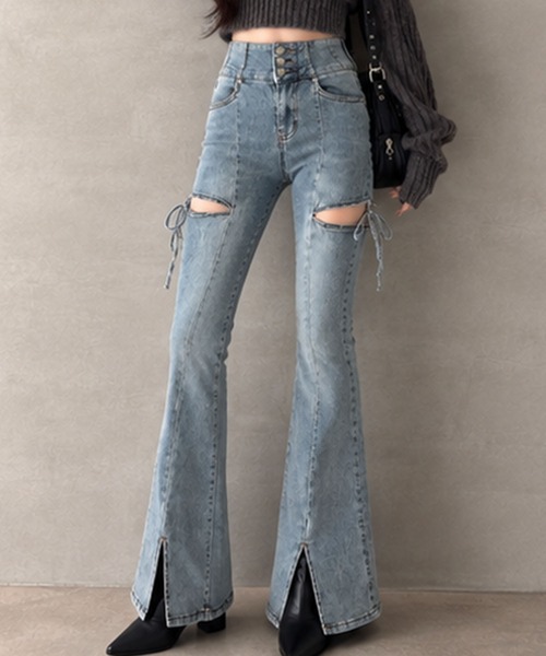 GLAMOROUS JANE(グラマラスジェーン)の「サイドカットアウトリボンデニムパンツ(デニムパンツ・レディース・チャコールグレー/ブルー・S/M/L)」の4枚目の写真