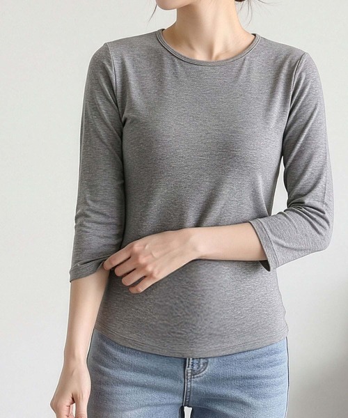 LOWO(ロワ)の「【M~Lサイズ展開】クルーネック七分袖カットソー(Tシャツ/カットソー・レディース・ブラウン/ベージュ/ホワイト/グレー/ブラック・M/L)」の1枚目の写真
