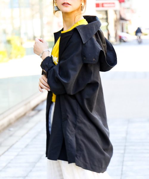 Fashion Letter（ファッションレター）の「2WAYミドル丈ゆるトレンチコート スプリングコート ライトアウター（トレンチコート・レディース・ブラック/ベージュ/ネイビー/サンドベージュ/ダークカーキ・M/L）」の6枚目の写真