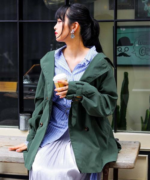 Fashion Letter（ファッションレター）の「2WAYミドル丈ゆるトレンチコート スプリングコート ライトアウター（トレンチコート・レディース・ブラック/ベージュ/ネイビー/サンドベージュ/ダークカーキ・M/L）」の22枚目の写真