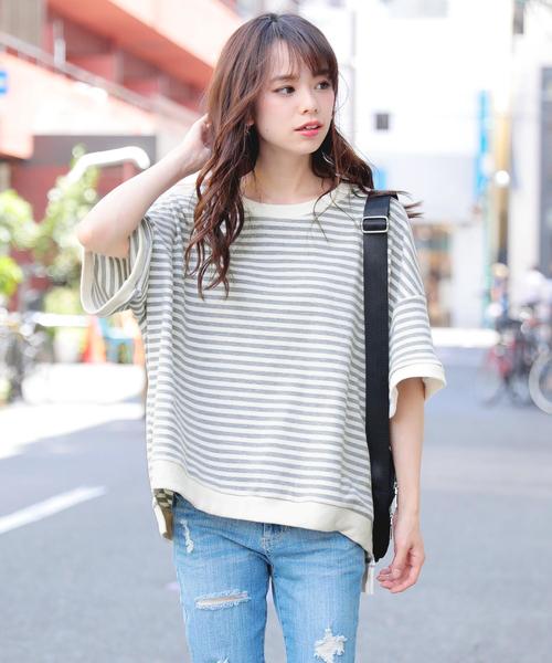 Girly Doll(ガーリードール)の「ボーダー柄ビックトレーナー(Tシャツ/カットソー・レディース・ブラック系その他/イエロー/ブラック/イエロー系その他/グリーン系その他/グリーン/キャメル/ブルー/イエロー系その他2/グレー/ピンク/グレー系その他/ピンク系その他/グリーン系その他2/カーキ/ブルー系その他・FREE)」の5枚目の写真