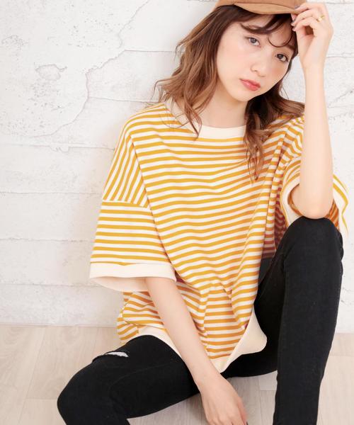 Girly Doll(ガーリードール)の「ボーダー柄ビックトレーナー(Tシャツ/カットソー・レディース・ブラック系その他/イエロー/ブラック/イエロー系その他/グリーン系その他/グリーン/キャメル/ブルー/イエロー系その他2/グレー/ピンク/グレー系その他/ピンク系その他/グリーン系その他2/カーキ/ブルー系その他・FREE)」の14枚目の写真