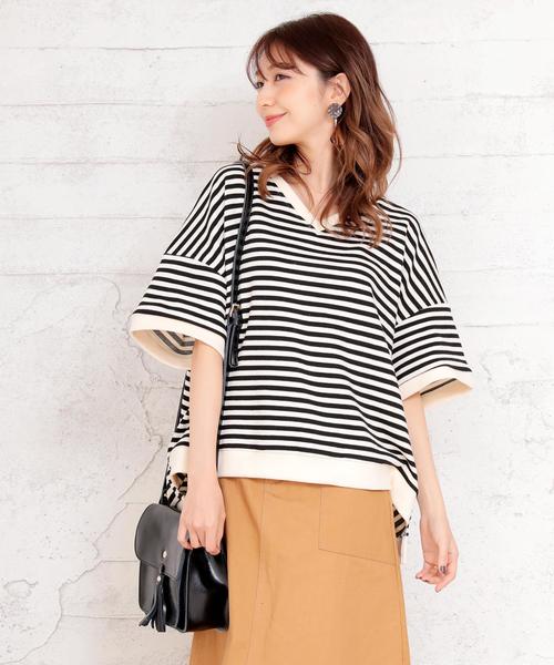 Girly Doll(ガーリードール)の「ボーダー柄ビックトレーナー(Tシャツ/カットソー・レディース・ブラック系その他/イエロー/ブラック/イエロー系その他/グリーン系その他/グリーン/キャメル/ブルー/イエロー系その他2/グレー/ピンク/グレー系その他/ピンク系その他/グリーン系その他2/カーキ/ブルー系その他・FREE)」の2枚目の写真