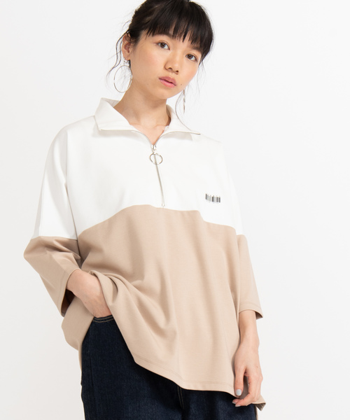 WEGO（ウィゴー）の「WEGO/ドルマンビッグシルエットスリーブハーフジップ7分袖プルオーバー（Tシャツ/カットソー・メンズ・ベージュ/ネイビー・MEDIUM/LARGE）」の3枚目の写真