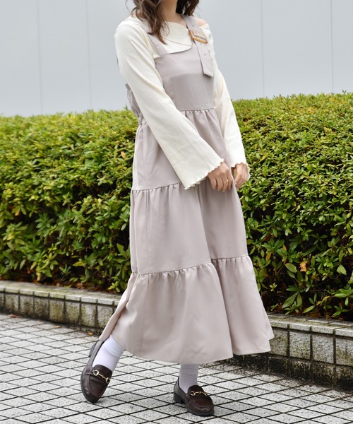 PairPair（ペアペア）の「無地＆花柄＆ドット柄ティアードジャンパースカート（ジャンパースカート・レディース・ブラック/ベージュ/モカ/ライトベージュ・FREE）」の5枚目の写真